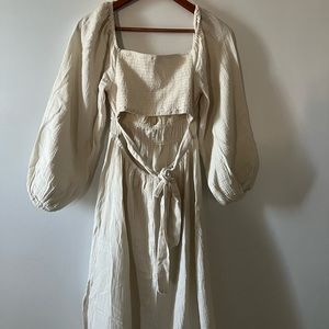 Off-Shoulder Puff Sleeve Open Back Midi Dress